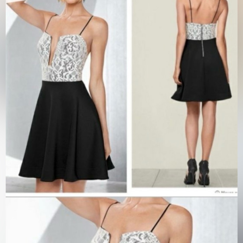 VENUS Black and White Lace Mini Dress